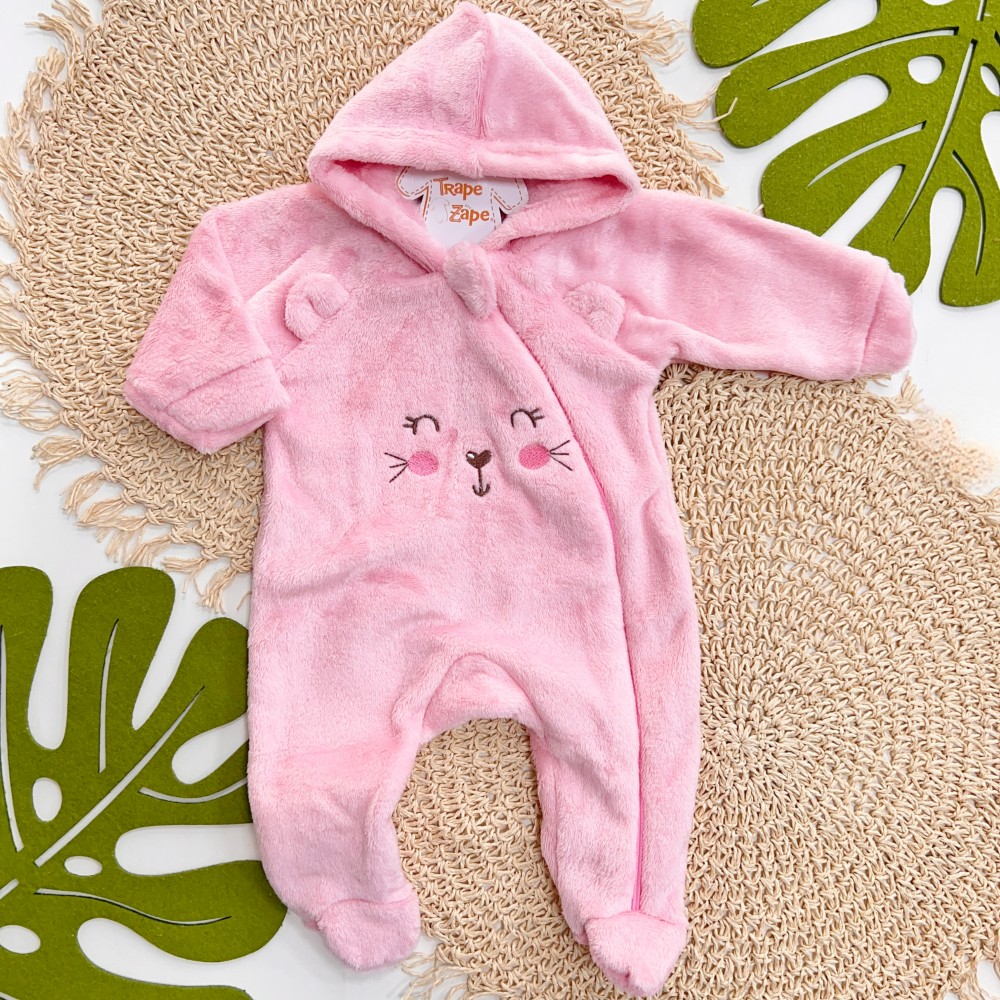 Inverno 2025 - Macacão em Plush com Capuz Coelha Feliz - Rosa