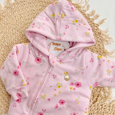  Inverno 2025 - Macacão Acolchoado com Capuz Flores Coloridas - Rosa 