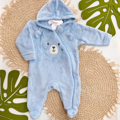  Inverno 2025 - Macacão em Plush com Capuz Ursinho Corado - Azul Bebê