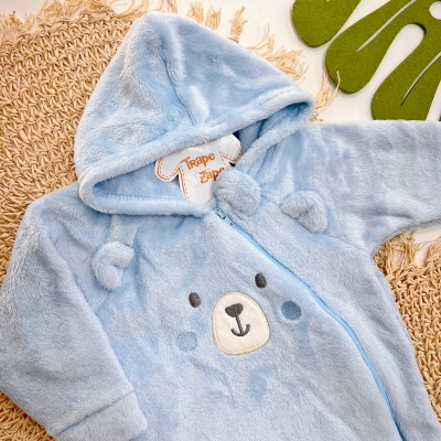  Inverno 2025 - Macacão em Plush com Capuz Ursinho Corado - Azul Bebê
