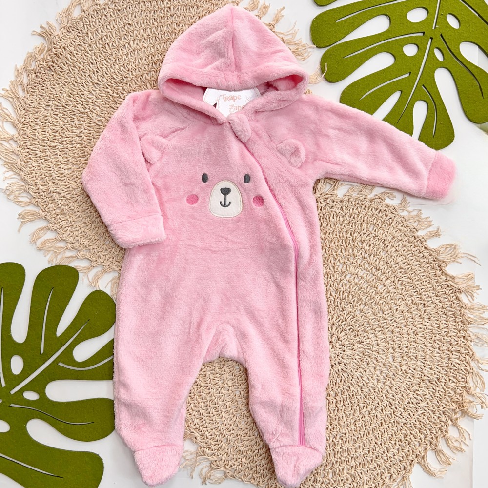 Inverno 2025 - Macacão em Plush com Capuz Ursinho Corado - Rosa