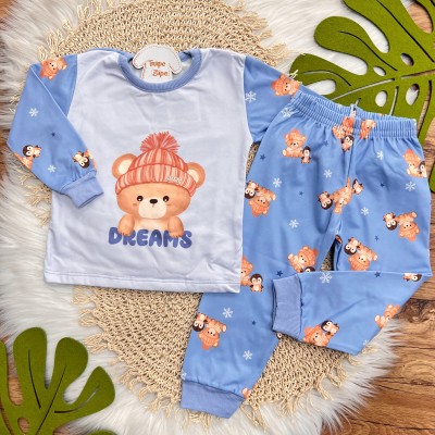 INVERNO 2025 - Pijama em Malha Térmica Urso com Gorro Dreams - Azul