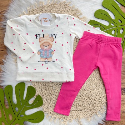 Inverno 2025 - Conj. Blusa Manga Longa Ursinha de Gorro e Calça Legging - Off White