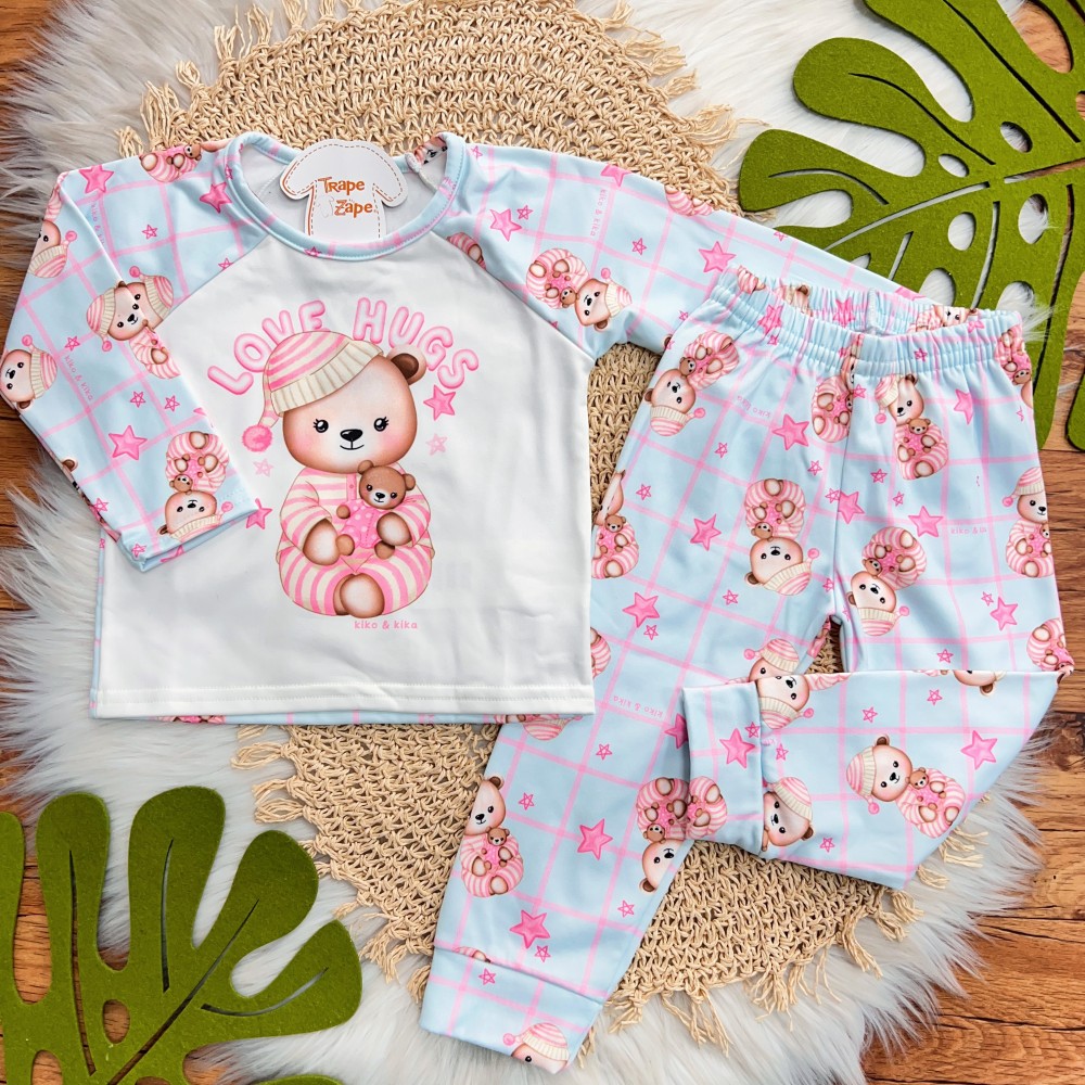 Inverno 2025 - Pijama em Malha Térmica Ursinha Love - Azul