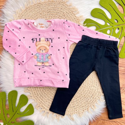 Inverno 2025 - Conj. Blusa Manga Longa Ursinha de Gorro e Calça Legging - Rosa