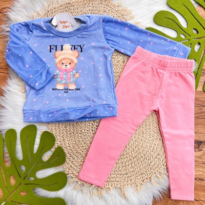 Inverno 2025 - Conj. Blusa Manga Longa Ursinha de Gorro e Calça Legging - Azul