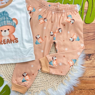 INVERNO 2025 - Pijama em Malha Térmica Urso com Gorro Dreams - Areia