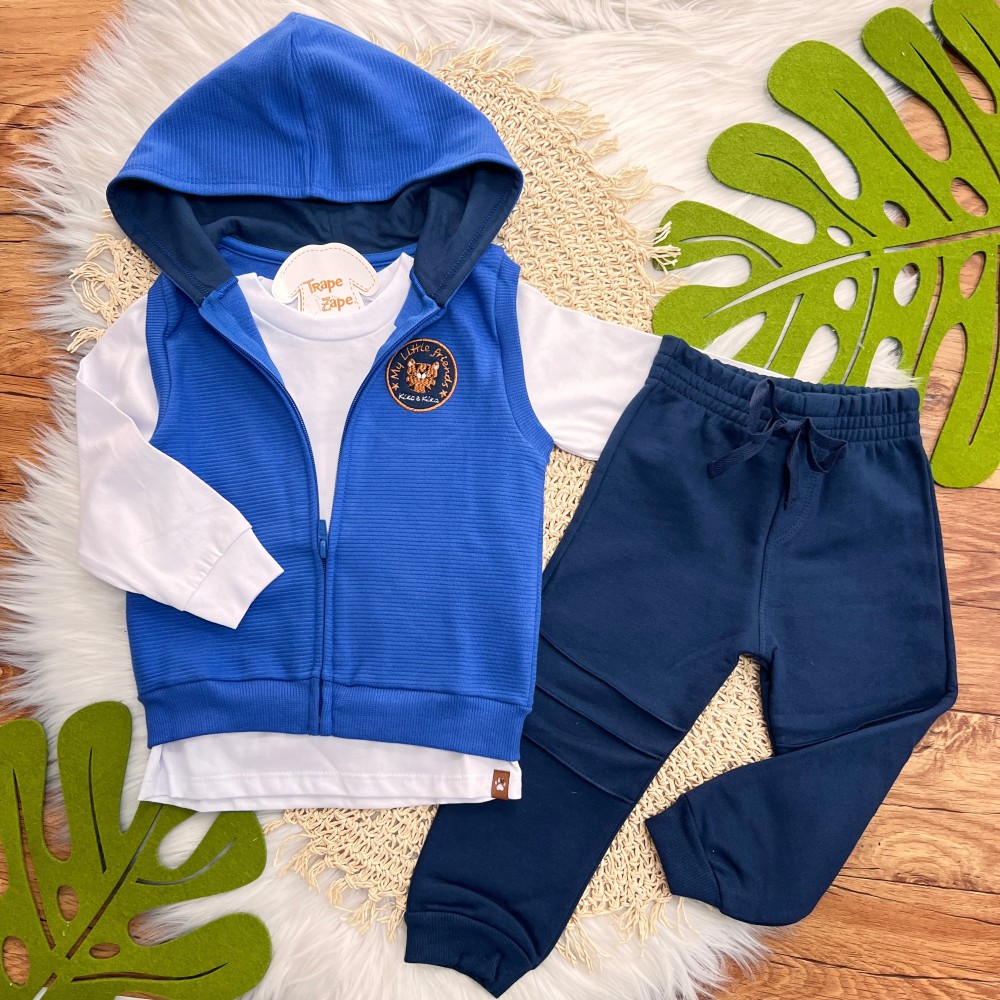  INVERNO 2025 - Conj. 3 peças Colete Canelado My Little Friends, Blusa de Malha e Calça Moletom - Marinho