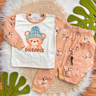 INVERNO 2025 - Pijama em Malha Térmica Urso com Gorro Dreams - Areia