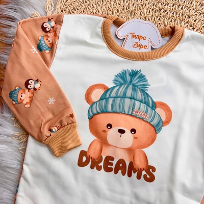 INVERNO 2025 - Pijama em Malha Térmica Urso com Gorro Dreams - Areia
