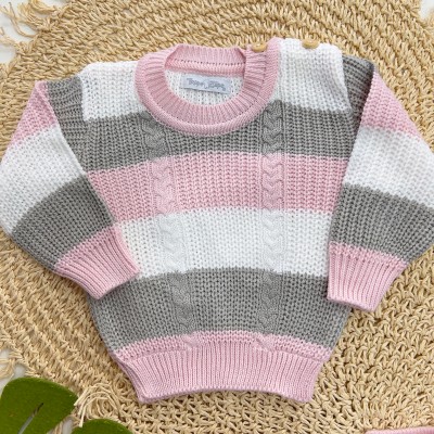 Conjunto Casaco de Linha e Calça Canelada - Rosa e Cinza