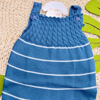 Jardineira Longa de Linha - Azul jeans com listras brancas
