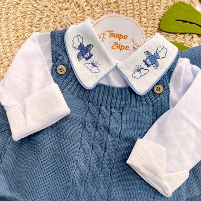 Saída de Maternidade Sam - Azul Jeans Gola Aviaõzinho
