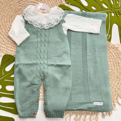 Saída de Maternidade Sam - Verde Menta Gola Renda Cintilante