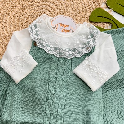 Saída de Maternidade Sam - Verde Menta Gola Renda Cintilante