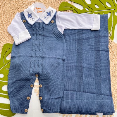 Saída de Maternidade Sam - Azul Jeans Gola Aviaõzinho
