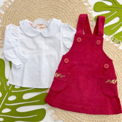 Inverno 2025 - Conj. Blusa Manga Longa e Jamper Veludo Flores - Vermelho e Branco