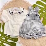 Inverno 2025 - Conj. Blusa Manga Longa Gola Ursinho Gravata e Romper Xadrez - Off White e Marinho