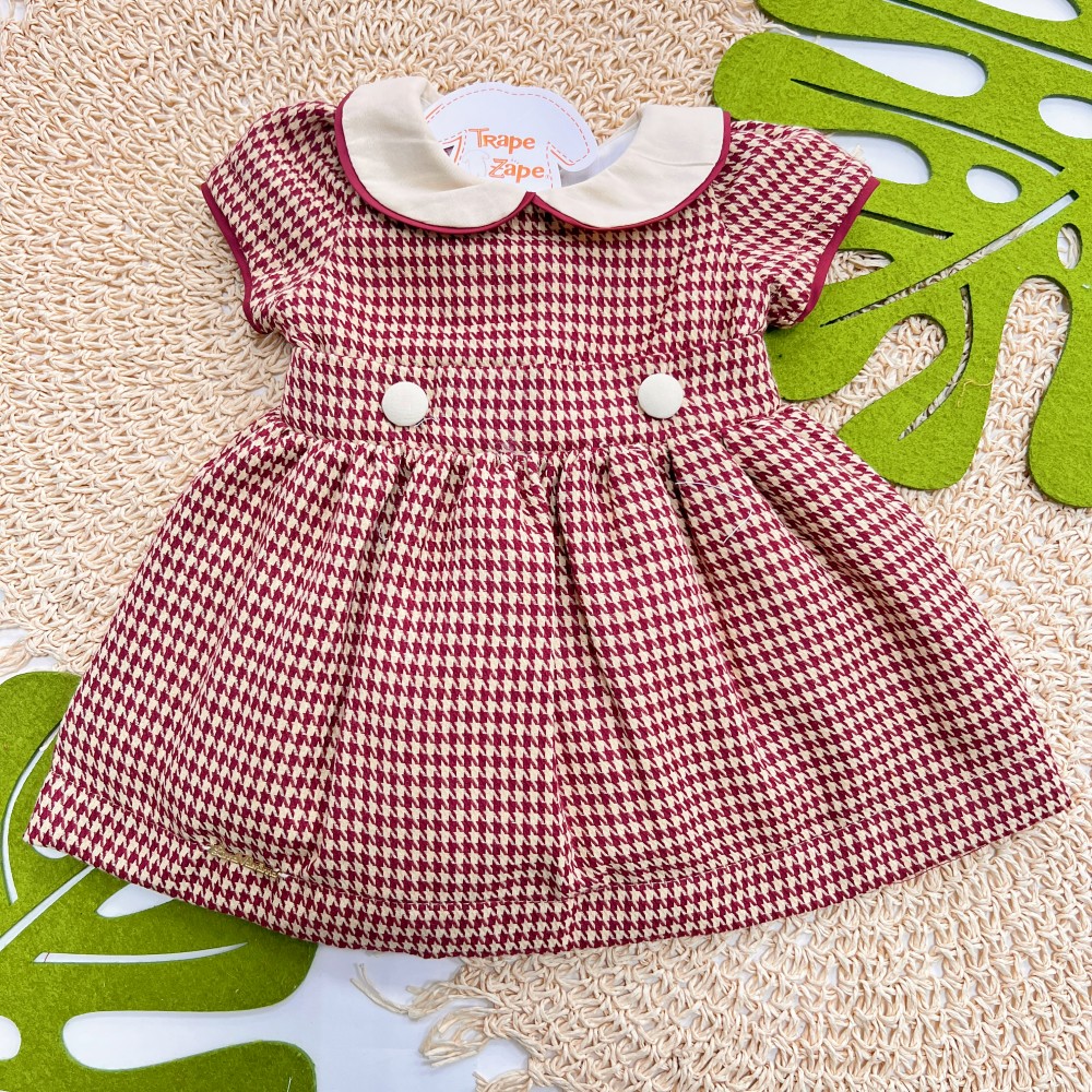 Inverno 2025 - Vestido Xadrez Pied Poule - Bordô e Areia
