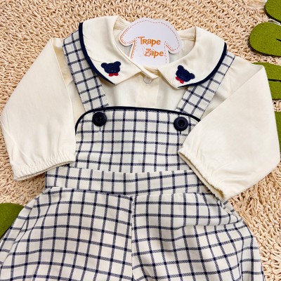 Inverno 2025 - Conj. Blusa Manga Longa Gola Ursinho Gravata e Romper Xadrez - Off White e Marinho