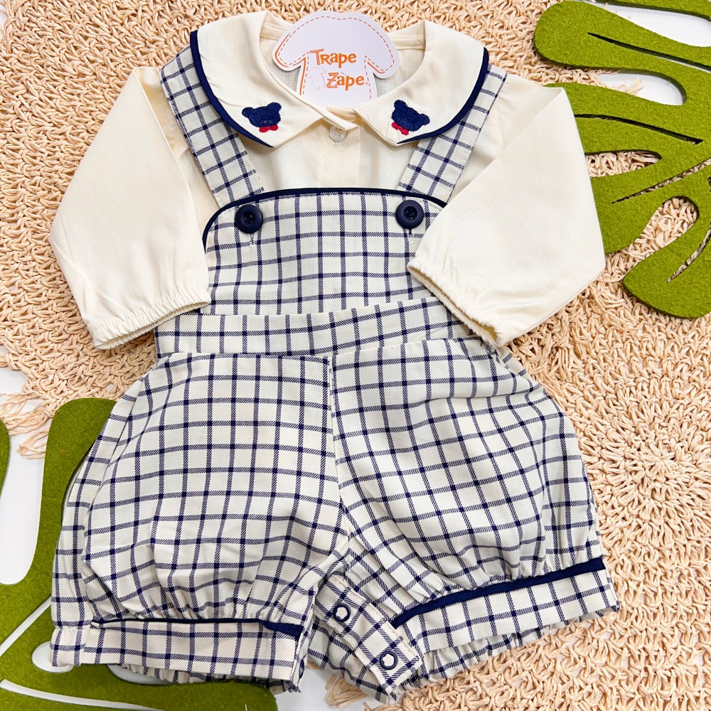 Inverno 2025 - Conj. Blusa Manga Longa Gola Ursinho Gravata e Romper Xadrez - Off White e Marinho