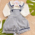 Inverno 2025 - Conj. Blusa Manga Longa Gola Ursinho Gravata e Romper Xadrez - Off White e Marinho