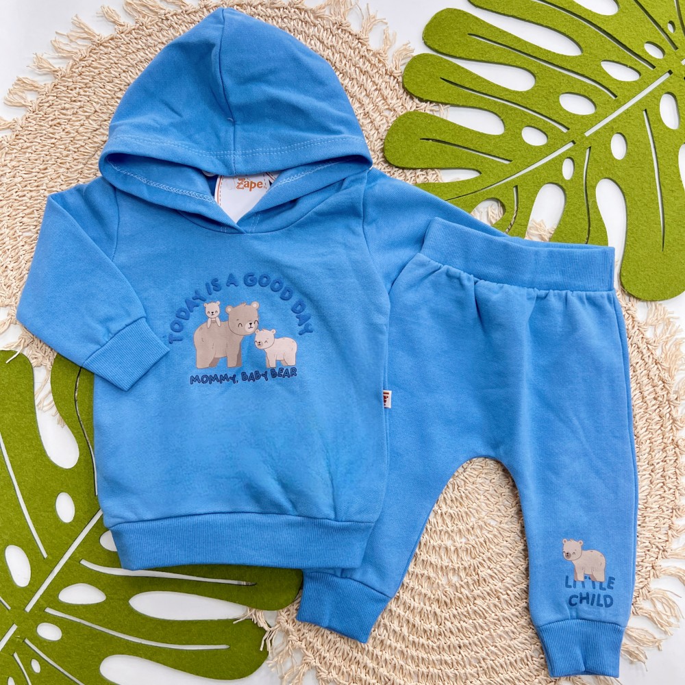 Inverno 2025 - Conj. Blusa com Capuz "Mommy, Baby Bear" e Calça em Moletom - Azul