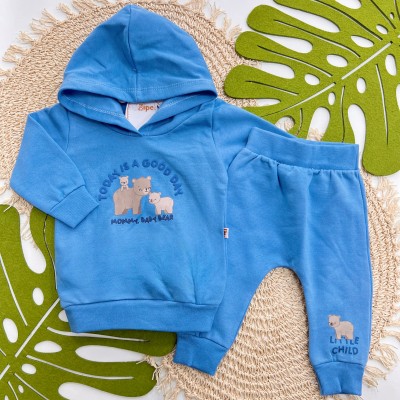 Inverno 2025 - Conj. Blusa com Capuz "Mommy, Baby Bear" e Calça em Moletom - Azul