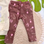Inverno 2025 - Conj. Blusa Coelhinha no Jardim e Legging Rosas - Creme e Marrom