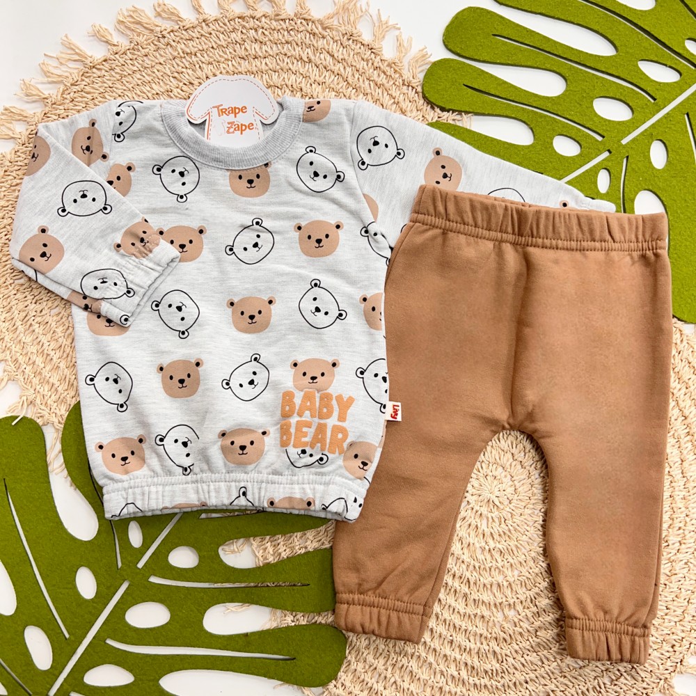 Inverno 2025 - Conj.Blusa Baby Bear e Calça em Moletom - Mescla e Marrom