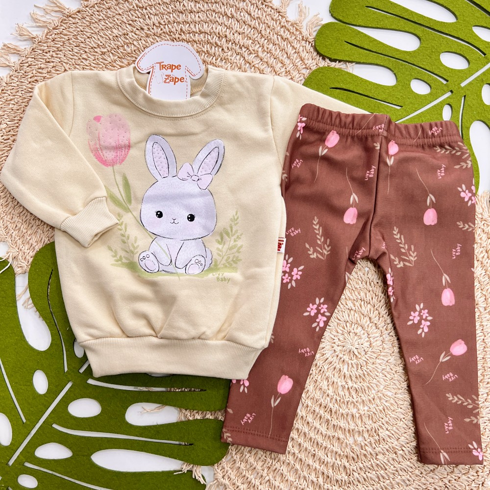 Inverno 2025 - Conj. Blusa Coelhinha no Jardim e Legging Rosas - Creme e Marrom