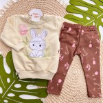 Inverno 2025 - Conj. Blusa Coelhinha no Jardim e Legging Rosas - Creme e Marrom