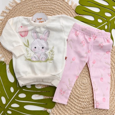 Inverno 2025 - Conj. Blusa Coelhinha no Jardim e Legging Rosas - Off White e Rosa