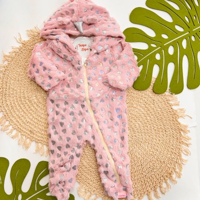 Inverno 2025 - Macacão Unicórnio com Capuz em Pelinhos Abertura em Ziper - Rosa 