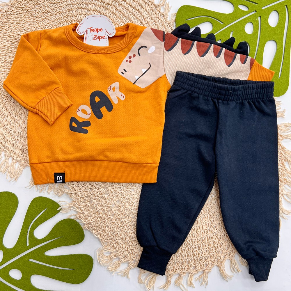 Inverno 2025 - Conjunto Dino Fofo Roar Casaco e Calça em Moletom - Laranja 