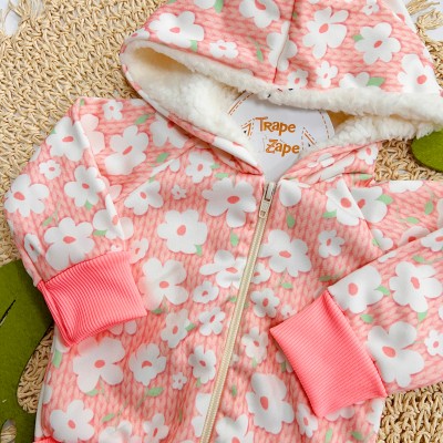 Inverno 2025 - Conj. Jaqueta com Capuz em Pelinho e Calça Flores - Rosa