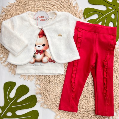Inverno 2025 - Conjunto 3 peças Ursinha com Lacinho Blusa, Bolero e Calça - Vermelho 