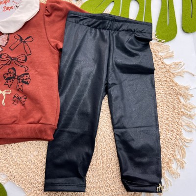 Inverno 2025 - Conjunto Lacinhos Casaco com Colarinho e Calça Brilhante - Ferrugem 