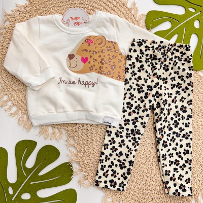 Inverno 2025 - Conjunto Oncinha Im So Happy Casaco Moletom e Calça Legging - Branco 