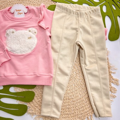 Inverno 2025 - Conj. Casaco Ursa com Pérolas e Legging Camurça - Rosa e Areia 
