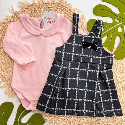 Inverno 2025 - Conjunto Body com Gola e Salopete de Malha - Rosa e Preto 