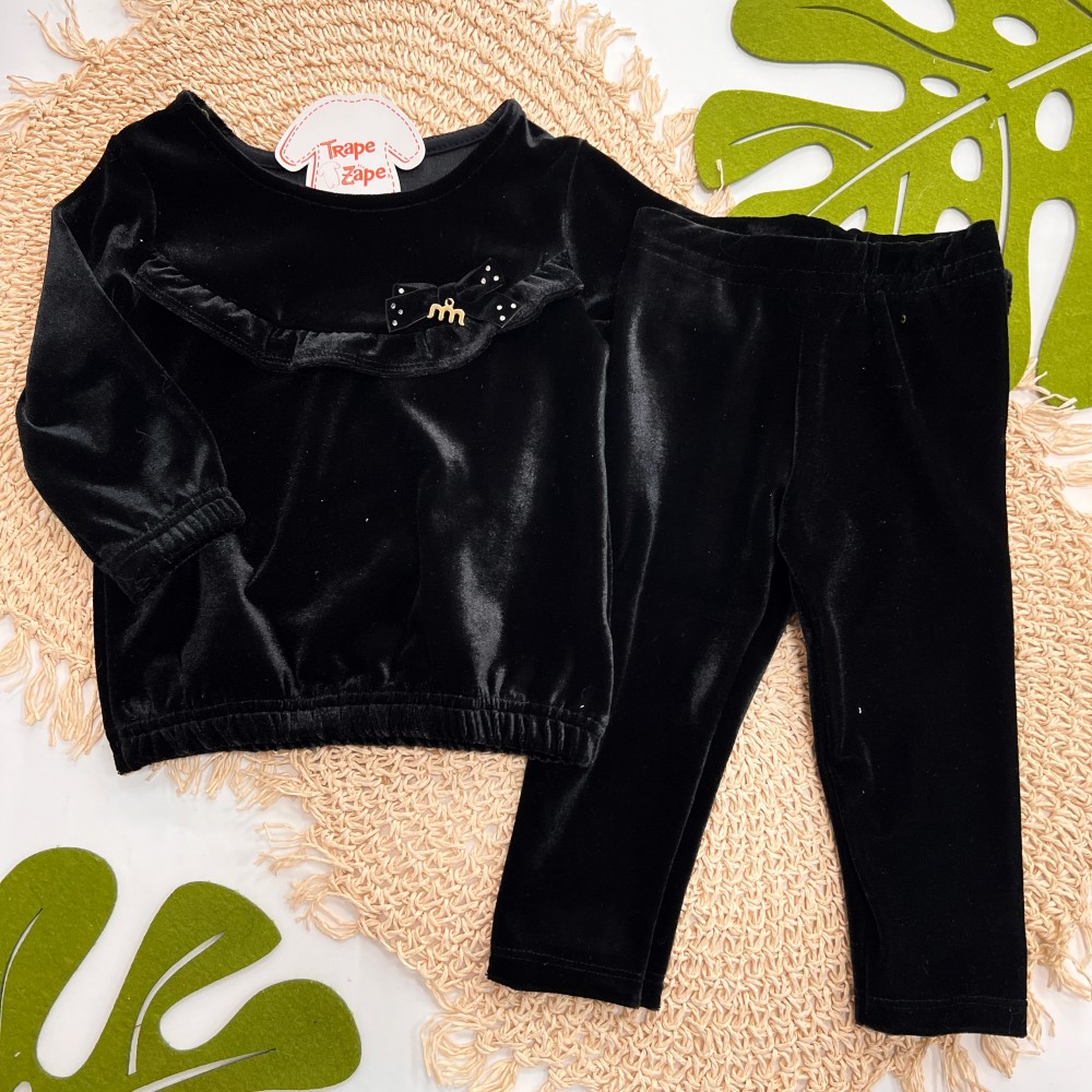 Inverno 2025 - Conjunto de Veludo com Lacinho Casaco e Calça - Preto 