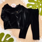 Inverno 2025 - Conjunto de Veludo com Lacinho Casaco e Calça - Preto 