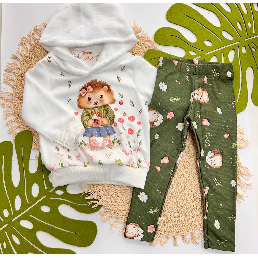 Inverno 2025 - Conj. Casaco em Pelinho Porco Espinho e Legging - Off White e Verde