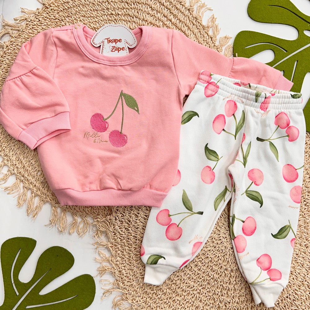 Inverno 2025 - Conjunto Cerejinha Casaco e Calça em Moletom - Rosa