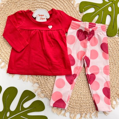 Inverno 2025 - Conjunto Corações Blusa de Malha e Calça Legging - Vermelho