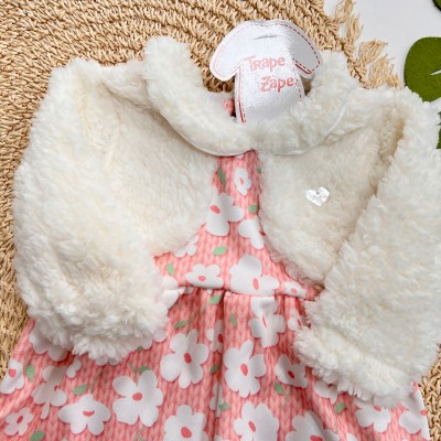 Inverno 2025 - Vestido Florzinhas com Gola e Manga de Pelinhos - Coral 