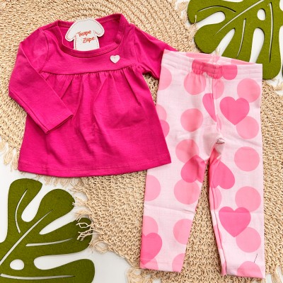 Inverno 2025 - Conjunto Corações Blusa de Malha e Calça Legging - Rosa 