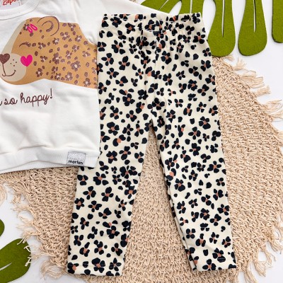 Inverno 2025 - Conjunto Oncinha Im So Happy Casaco Moletom e Calça Legging - Branco 