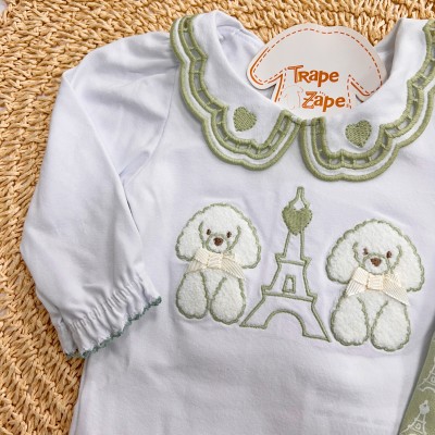 Inverno 2025 - Conj. Body Poodles Paris com Gola em Lese e Calça em Moletom - Off White e Verde